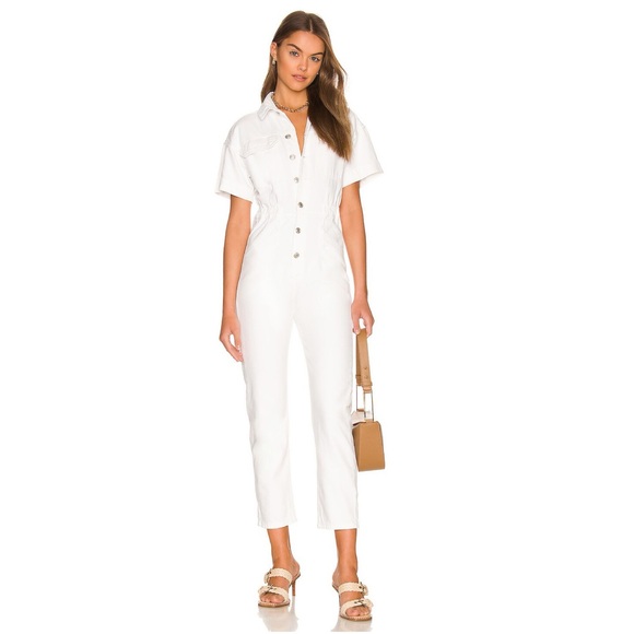 Free People 80s Style White Marci Utility Coveralls Denim Jean Jumpsuit - Picture 2 of 16